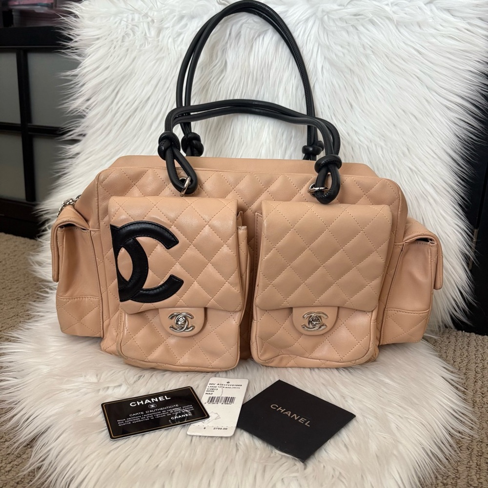 Authentic Chanel Ligne Cambon Beige Multi Pocket Reporter Shoulder Bag - READ
